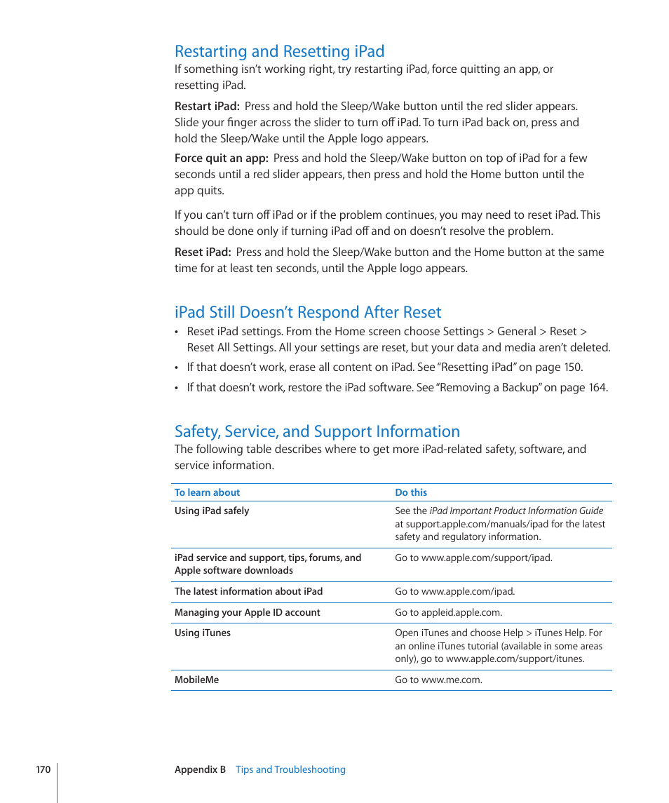 Restarting and resetting ipad, Ipad still doesn’t respond after reset, Safety, service, and support information | Apple iPad iOS 4.2 User Manual | Page 170 / 181