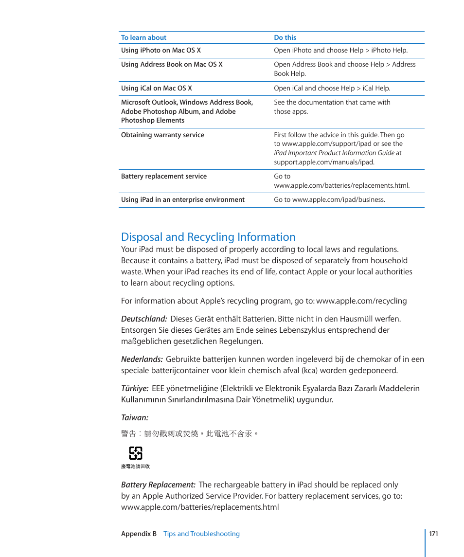 Disposal and recycling information, 171 disposal and recycling information | Apple iPad iOS 4.2 User Manual | Page 171 / 181