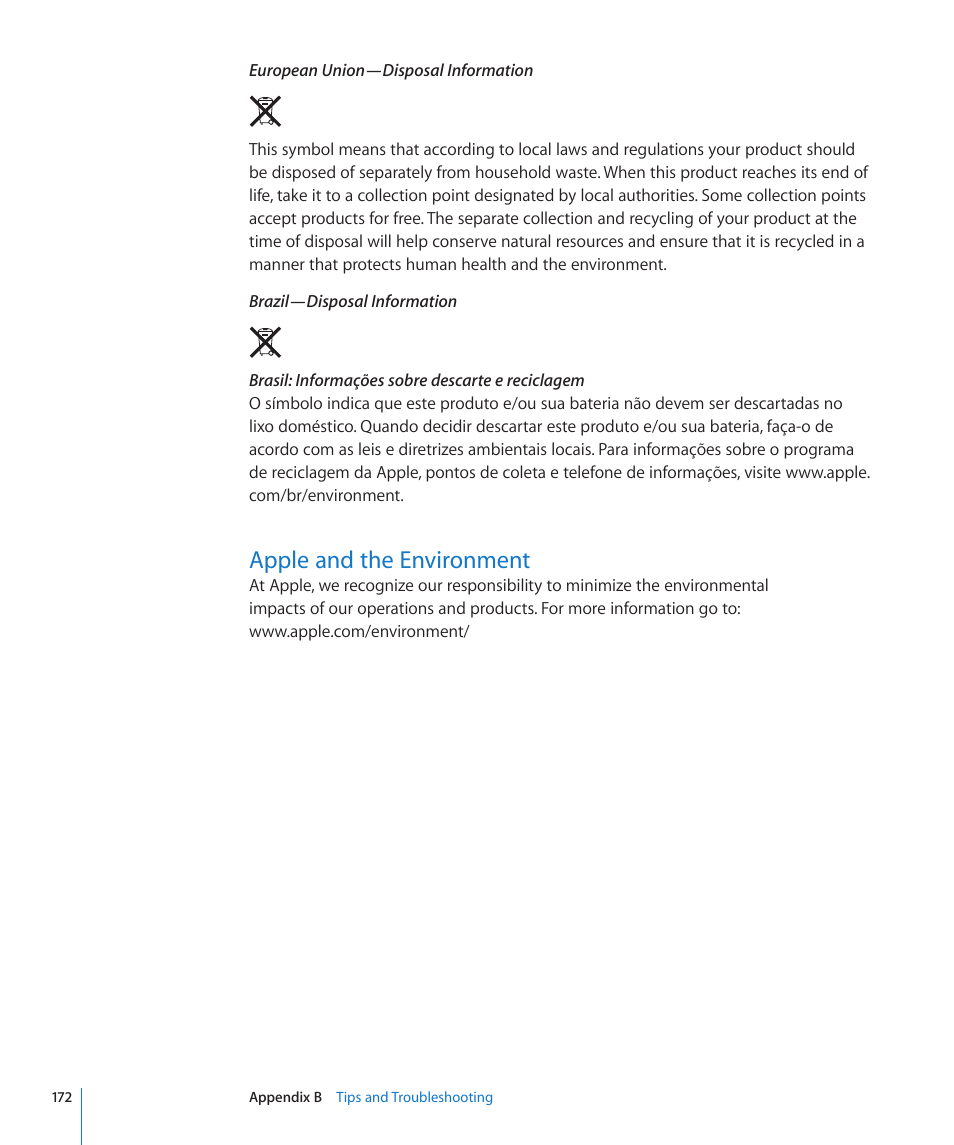 Apple and the environment, 172 apple and the environment | Apple iPad iOS 4.2 User Manual | Page 172 / 181