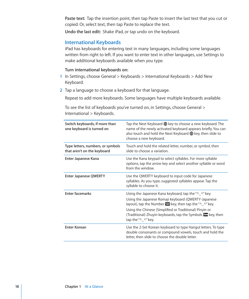 International keyboards, 18 and | Apple iPad iOS 4.2 User Manual | Page 18 / 181