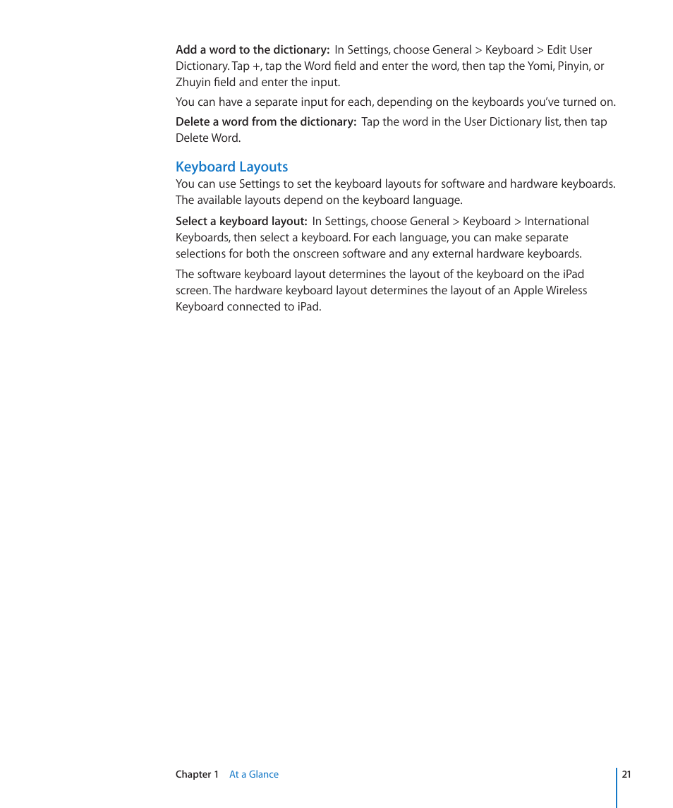 Keyboard layouts | Apple iPad iOS 4.2 User Manual | Page 21 / 181