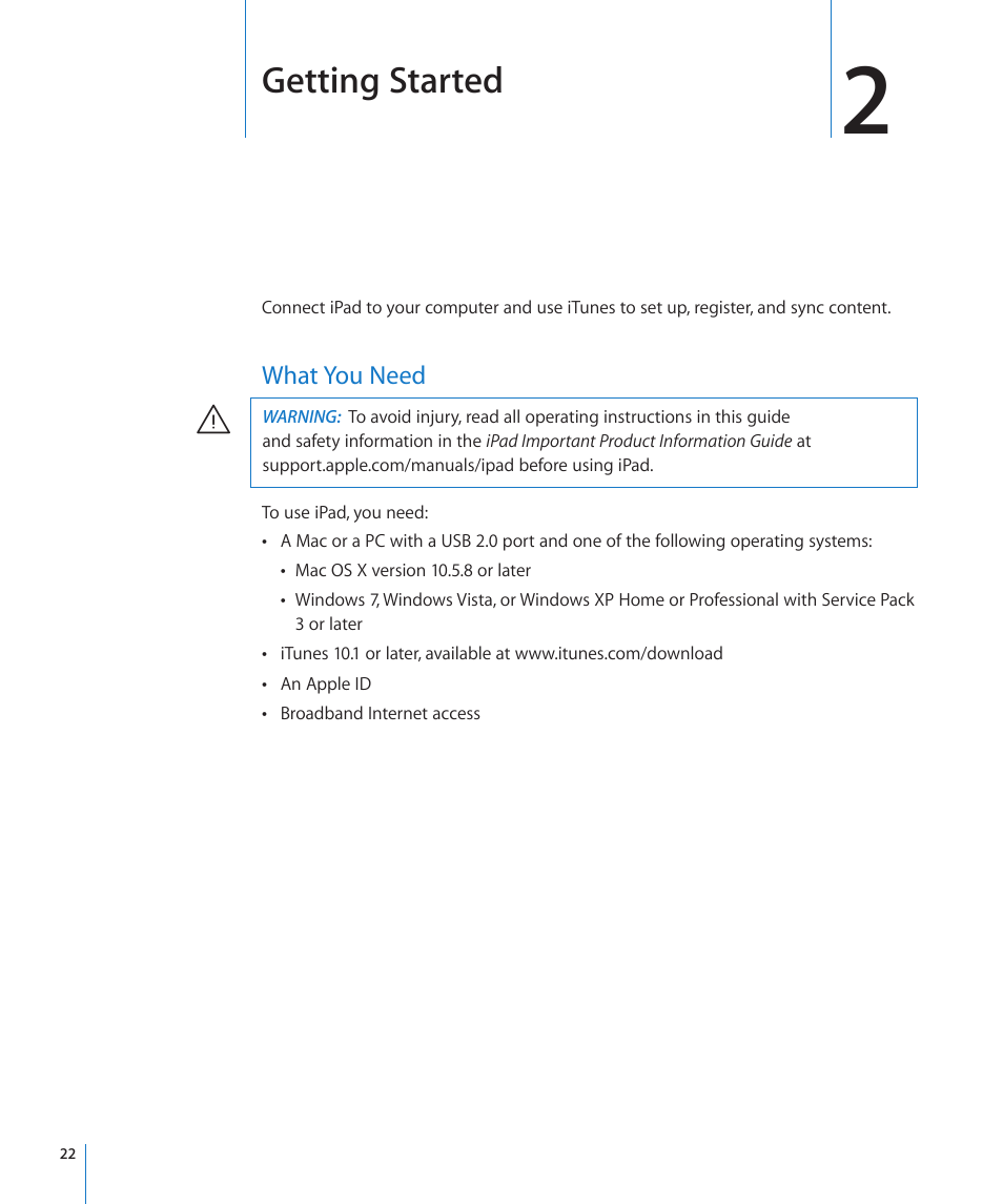 Chapter 2: getting started, What you need, 22 what you need | Getting started | Apple iPad iOS 4.2 User Manual | Page 22 / 181