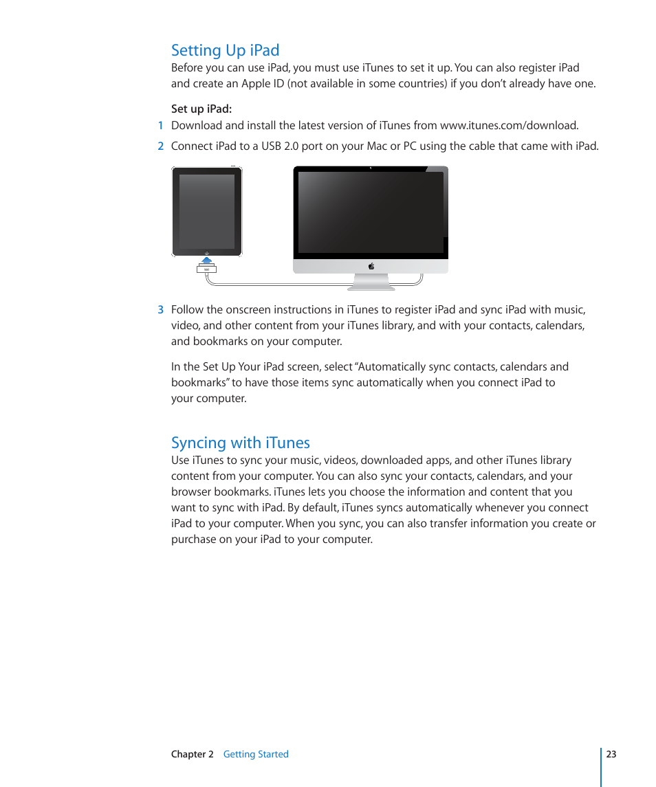 Setting up ipad, Syncing with itunes, 23 setting up ipad 23 syncing with itunes | Apple iPad iOS 4.2 User Manual | Page 23 / 181