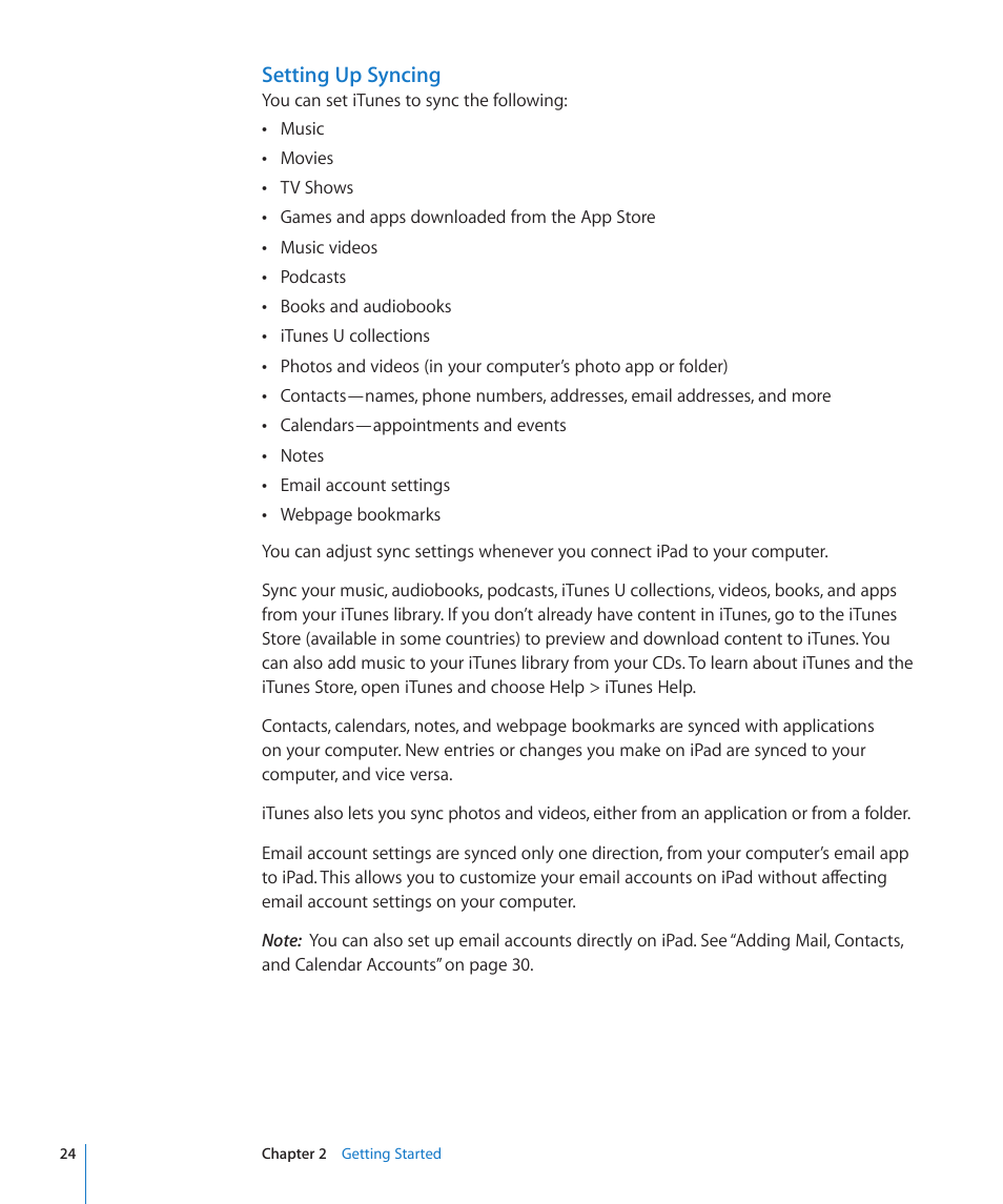 Setting up syncing | Apple iPad iOS 4.2 User Manual | Page 24 / 181