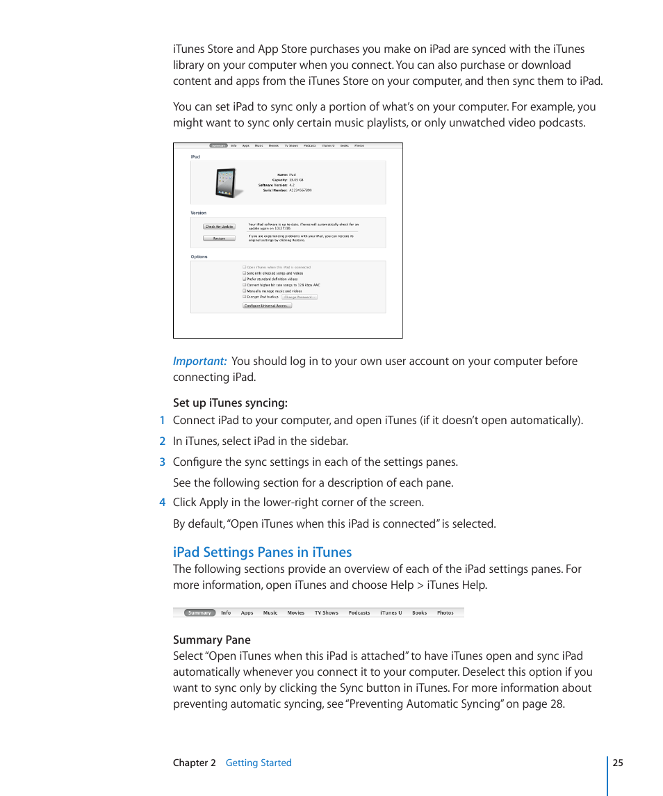 Ipad settings panes in itunes | Apple iPad iOS 4.2 User Manual | Page 25 / 181