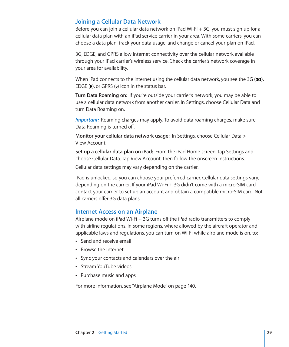 Joining a cellular data network, Internet access on an airplane | Apple iPad iOS 4.2 User Manual | Page 29 / 181