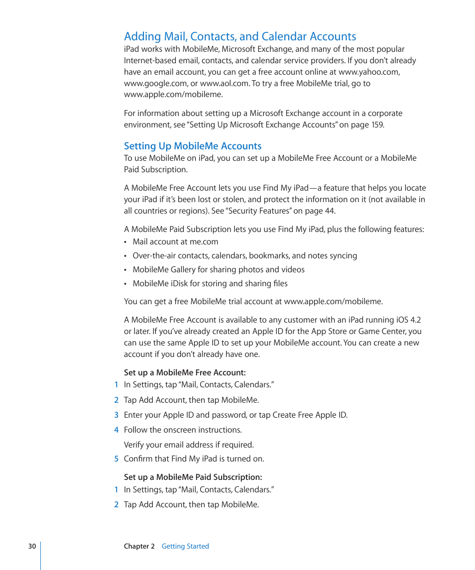 Adding mail, contacts, and calendar accounts, 30 adding mail, contacts, and calendar accounts, Setting up mobileme accounts | Apple iPad iOS 4.2 User Manual | Page 30 / 181