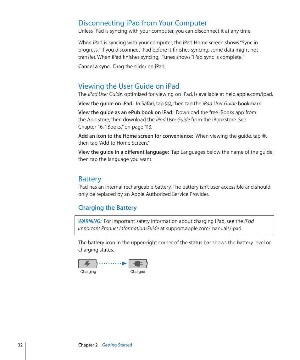 Disconnecting ipad from your computer, Viewing the user guide on ipad, Battery | Charging the battery | Apple iPad iOS 4.2 User Manual | Page 32 / 181