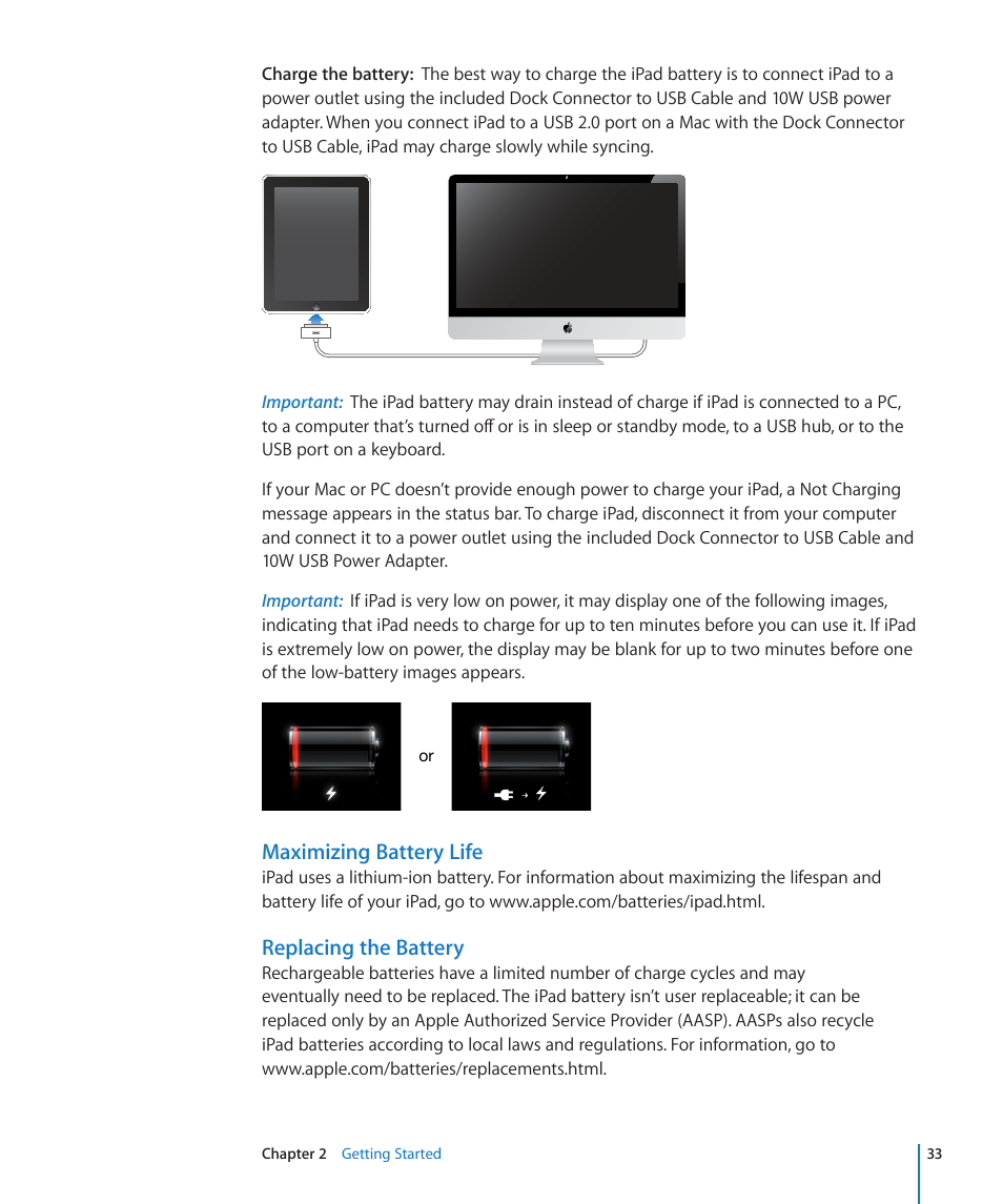 Maximizing battery life, Replacing the battery | Apple iPad iOS 4.2 User Manual | Page 33 / 181