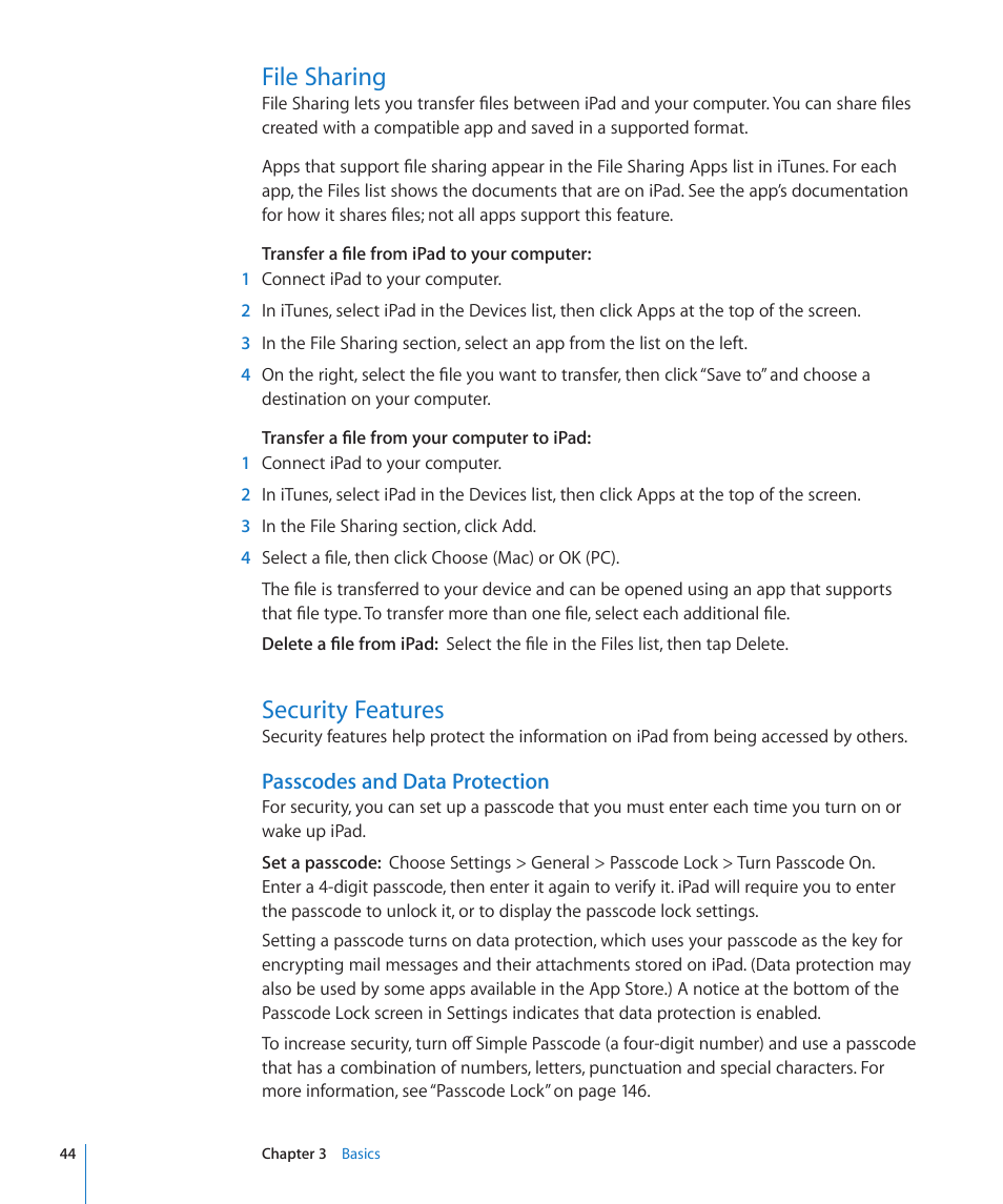 File sharing, Security features, 44 file sharing 44 security features | Passcodes and data protection | Apple iPad iOS 4.2 User Manual | Page 44 / 181