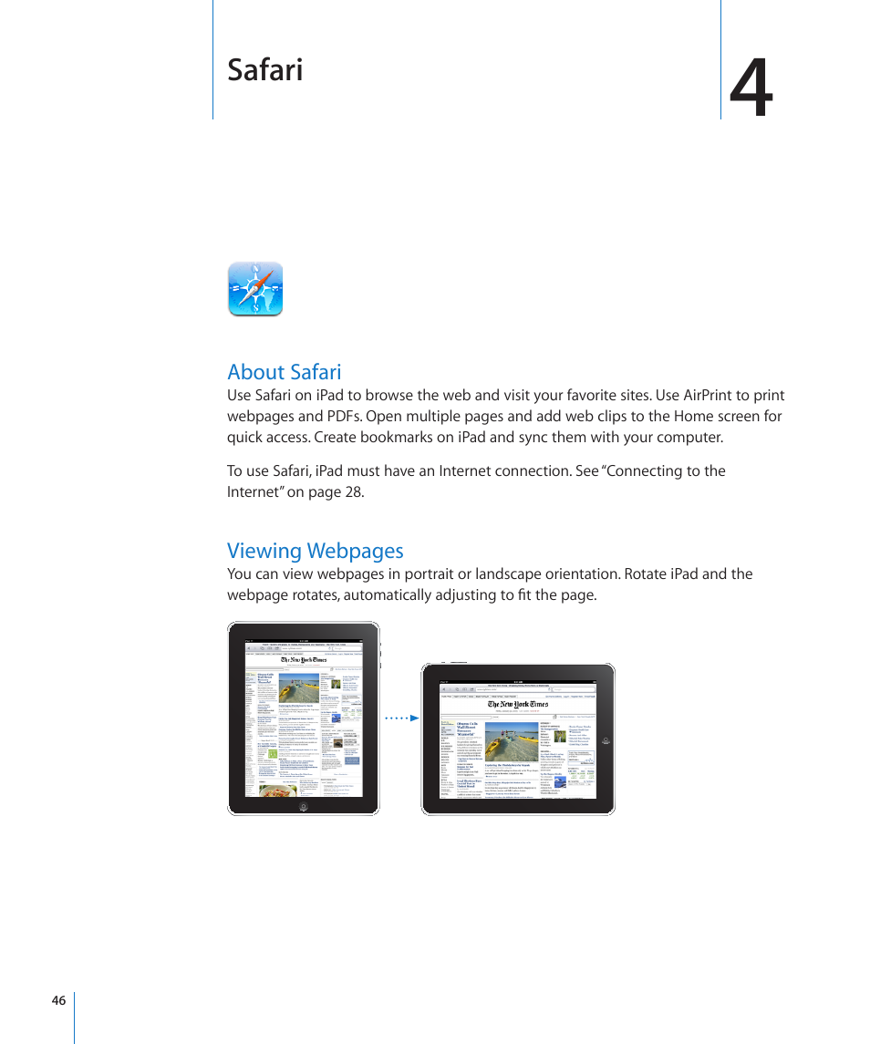 Chapter 4: safari, About safari, Safari | Apple iPad iOS 4.2 User Manual | Page 46 / 181