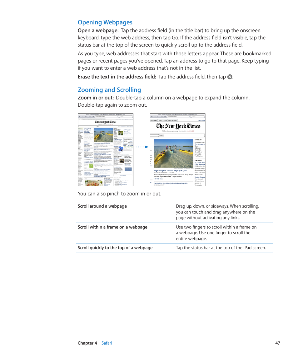 Opening webpages, Zooming and scrolling | Apple iPad iOS 4.2 User Manual | Page 47 / 181