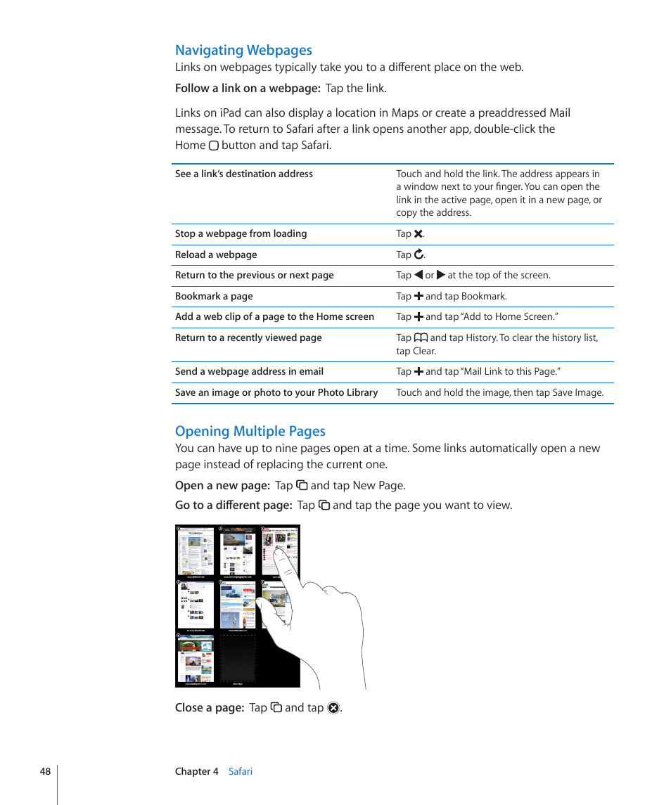 Navigating webpages, Opening multiple pages | Apple iPad iOS 4.2 User Manual | Page 48 / 181