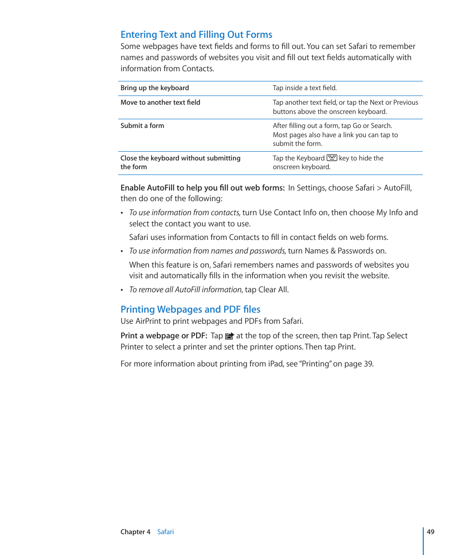 Entering text and filling out forms, Printing webpages and pdf files | Apple iPad iOS 4.2 User Manual | Page 49 / 181