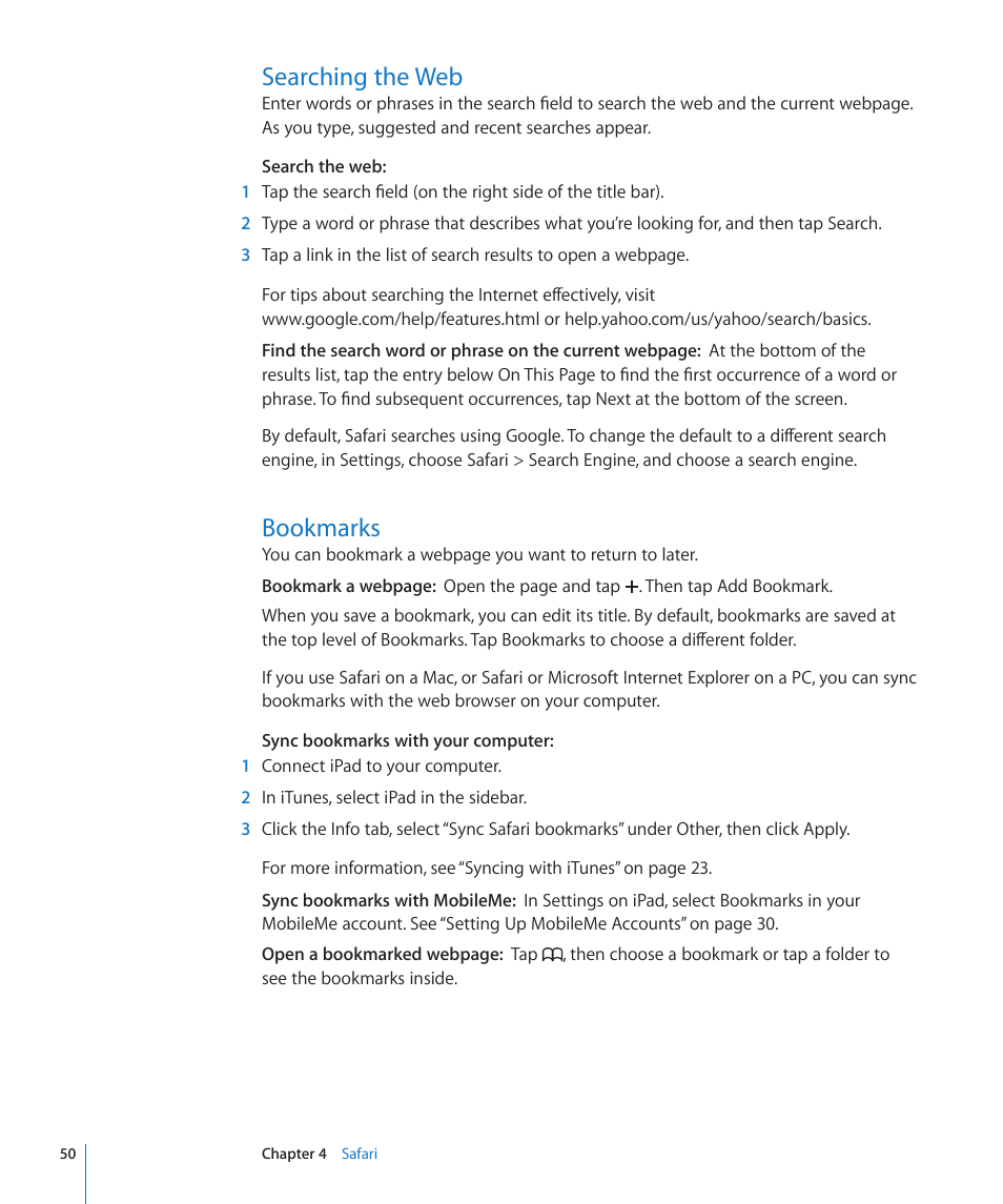 Searching the web, Bookmarks, 50 searching the web 50 bookmarks | Apple iPad iOS 4.2 User Manual | Page 50 / 181