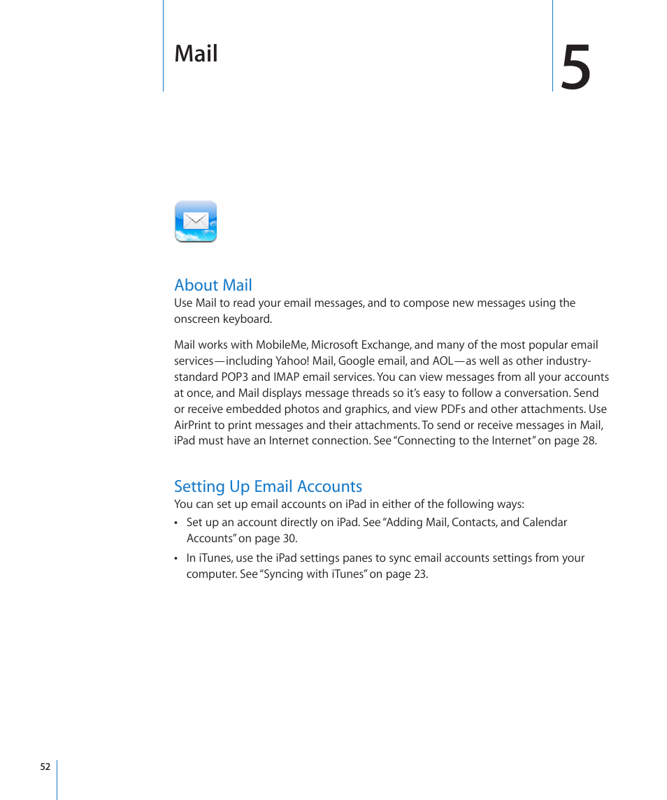 Chapter 5: mail, About mail, Setting up email accounts | 52 about mail 52 setting up email accounts, Mail | Apple iPad iOS 4.2 User Manual | Page 52 / 181