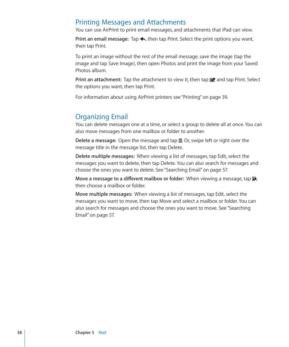 Printing messages and attachments, Organizing email | Apple iPad iOS 4.2 User Manual | Page 58 / 181