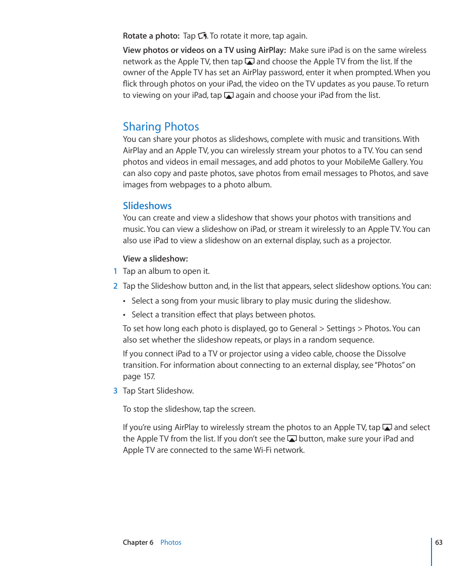 Sharing photos, 63 sharing photos, Slideshows | Apple iPad iOS 4.2 User Manual | Page 63 / 181