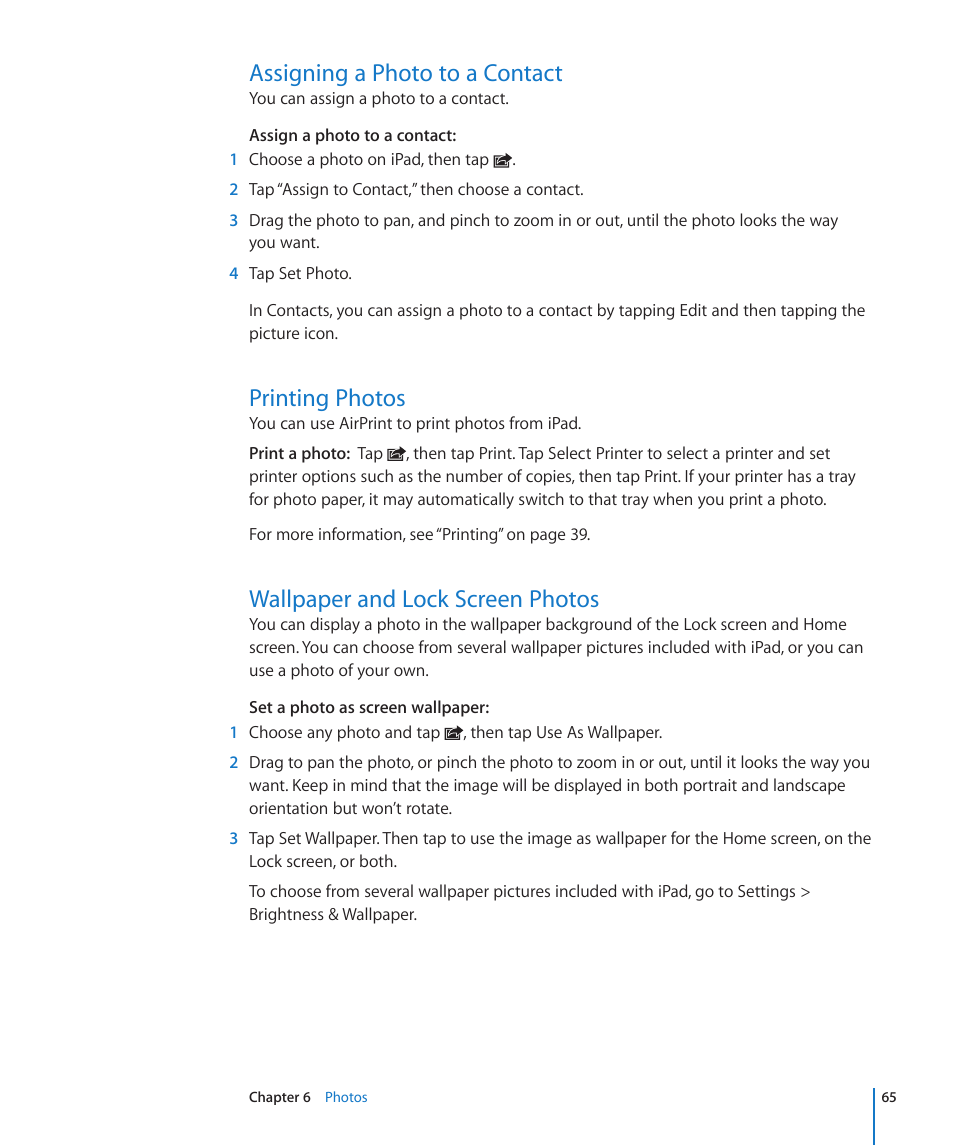 Assigning a photo to a contact, Printing photos, Wallpaper and lock screen photos | Apple iPad iOS 4.2 User Manual | Page 65 / 181