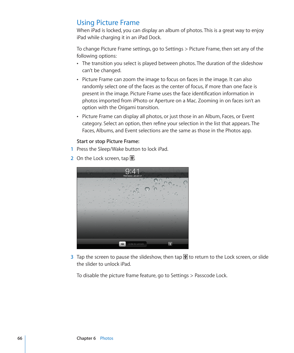 Using picture frame, 66 using picture frame | Apple iPad iOS 4.2 User Manual | Page 66 / 181