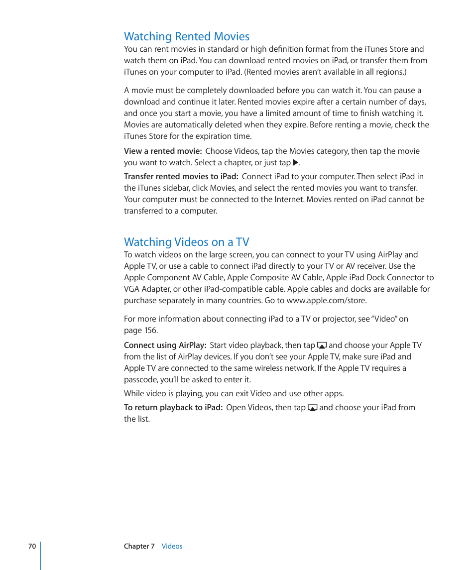 Watching rented movies, Watching videos on a tv | Apple iPad iOS 4.2 User Manual | Page 70 / 181