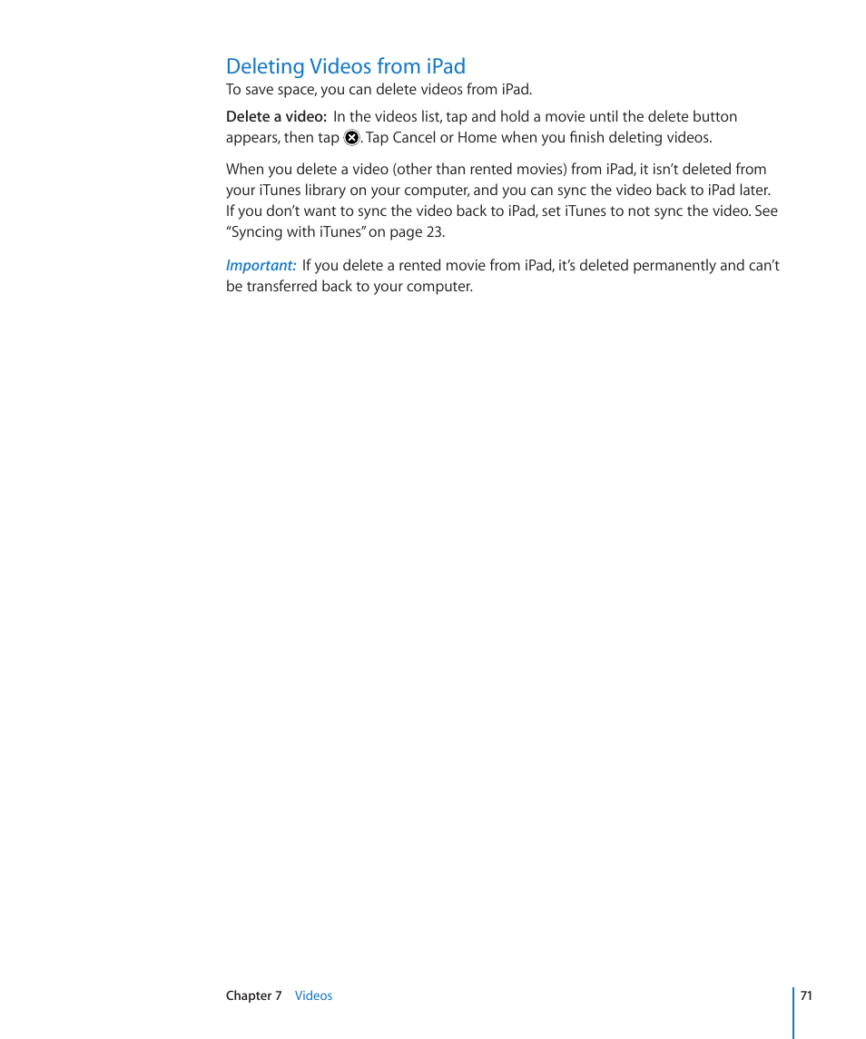 Deleting videos from ipad, 71 deleting videos from ipad | Apple iPad iOS 4.2 User Manual | Page 71 / 181