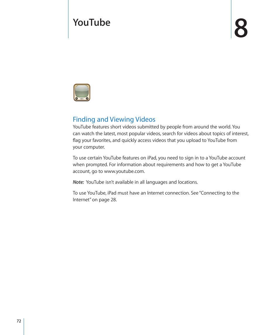 Chapter 8: youtube, Finding and viewing videos, 72 finding and viewing videos | Youtube | Apple iPad iOS 4.2 User Manual | Page 72 / 181