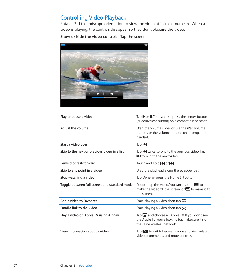 Controlling video playback, 74 controlling video playback | Apple iPad iOS 4.2 User Manual | Page 74 / 181