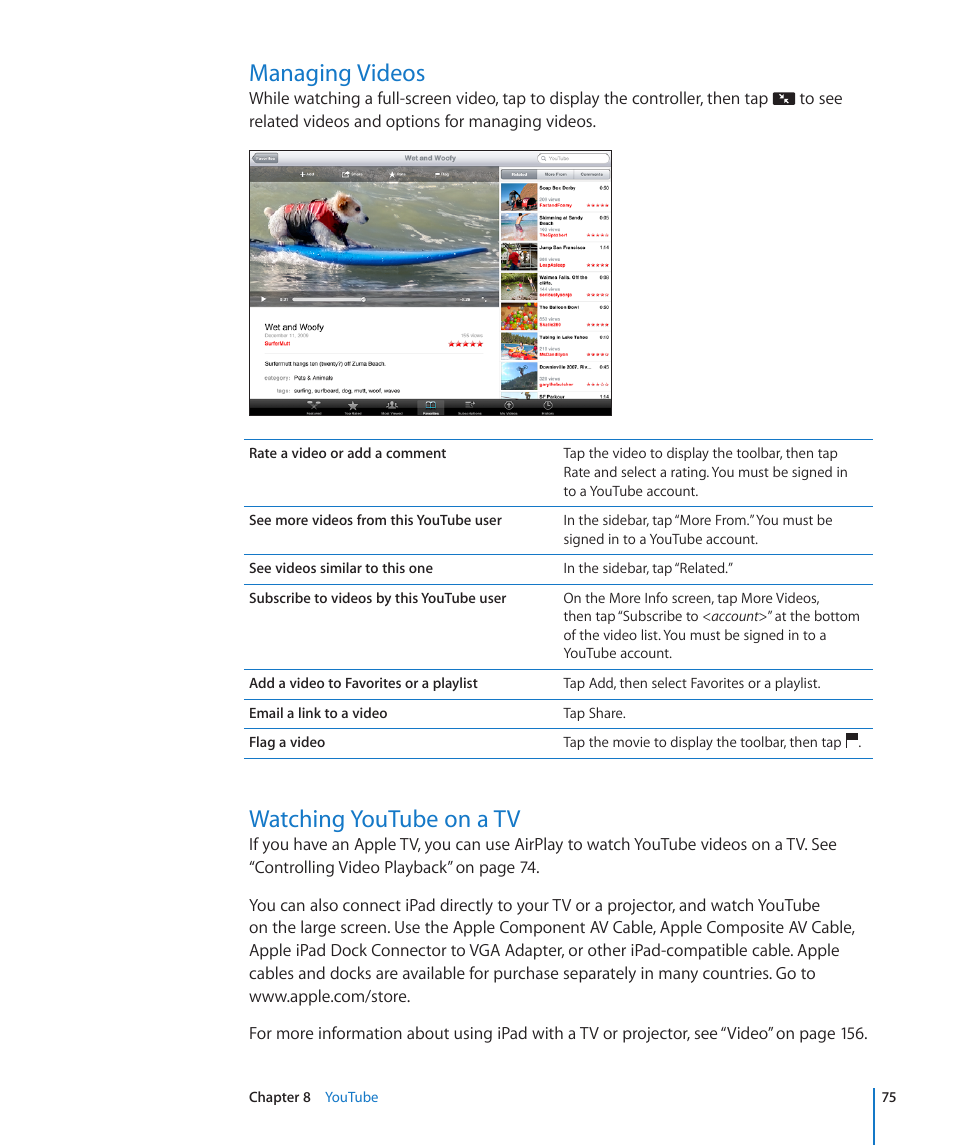 Managing videos, Watching youtube on a tv, 75 managing videos 75 watching youtube on a tv | Apple iPad iOS 4.2 User Manual | Page 75 / 181