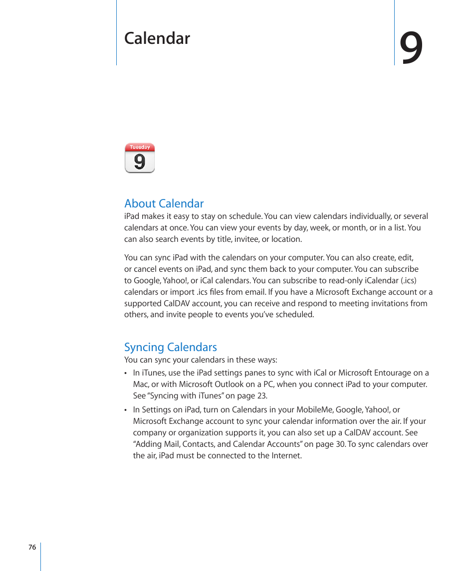 Chapter 9: calendar, About calendar, Syncing calendars | 76 about calendar 76 syncing calendars, Calendar | Apple iPad iOS 4.2 User Manual | Page 76 / 181