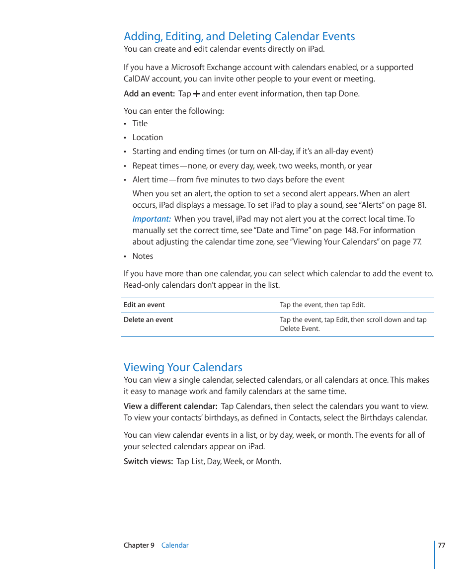 Adding, editing, and deleting calendar events, Viewing your calendars | Apple iPad iOS 4.2 User Manual | Page 77 / 181