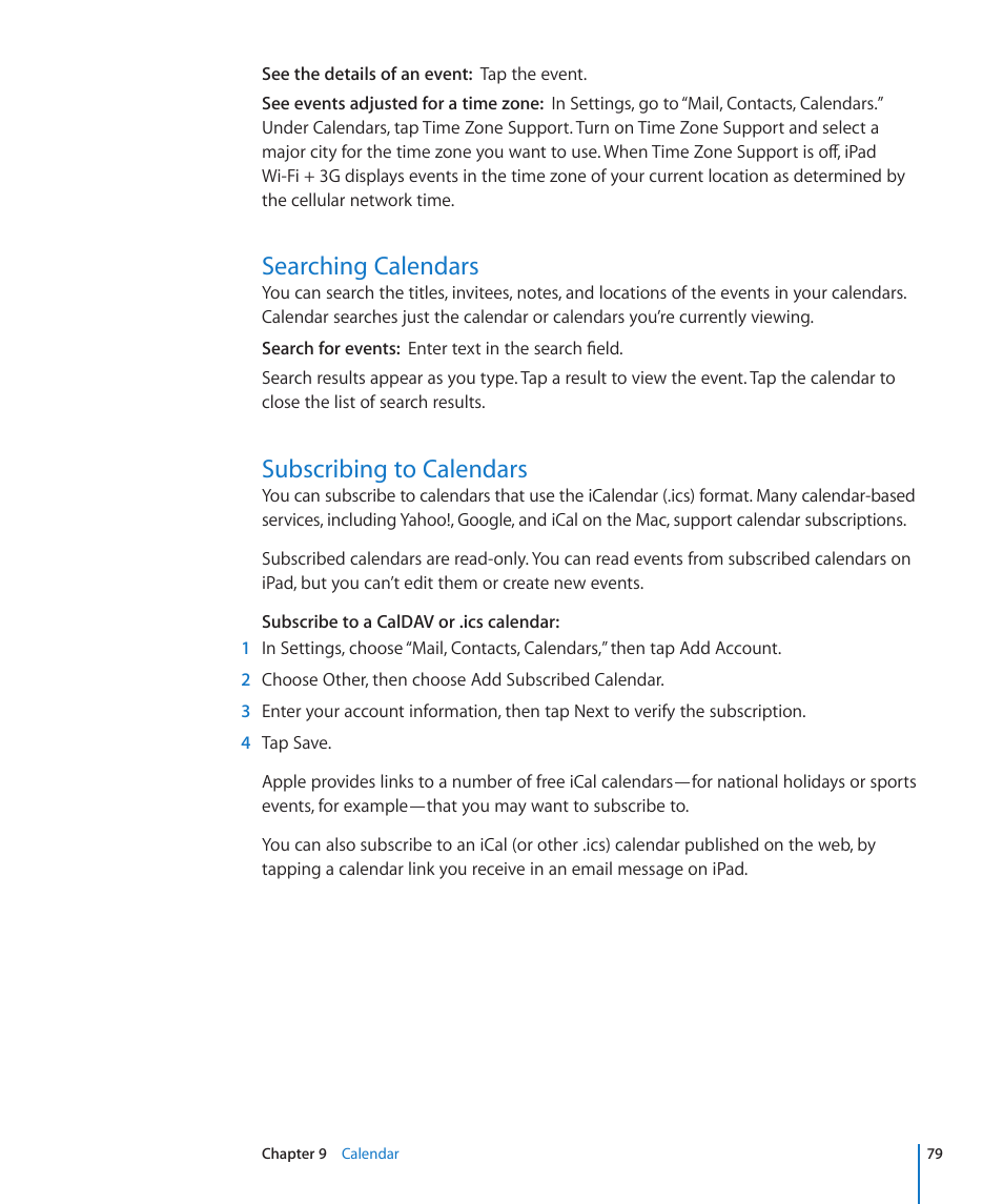 Searching calendars, Subscribing to calendars, 79 searching calendars 79 subscribing to calendars | Apple iPad iOS 4.2 User Manual | Page 79 / 181