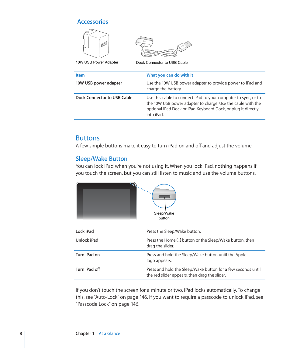 Buttons, Accessories, Sleep/wake button | Apple iPad iOS 4.2 User Manual | Page 8 / 181