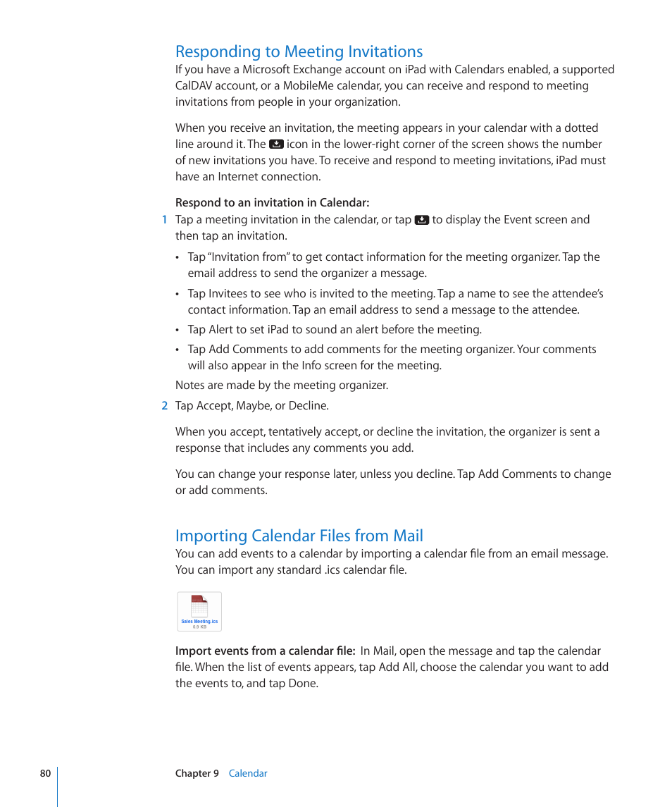 Responding to meeting invitations, Importing calendar files from mail, 80 responding to meeting invitations | 80 importing calendar files from mail | Apple iPad iOS 4.2 User Manual | Page 80 / 181