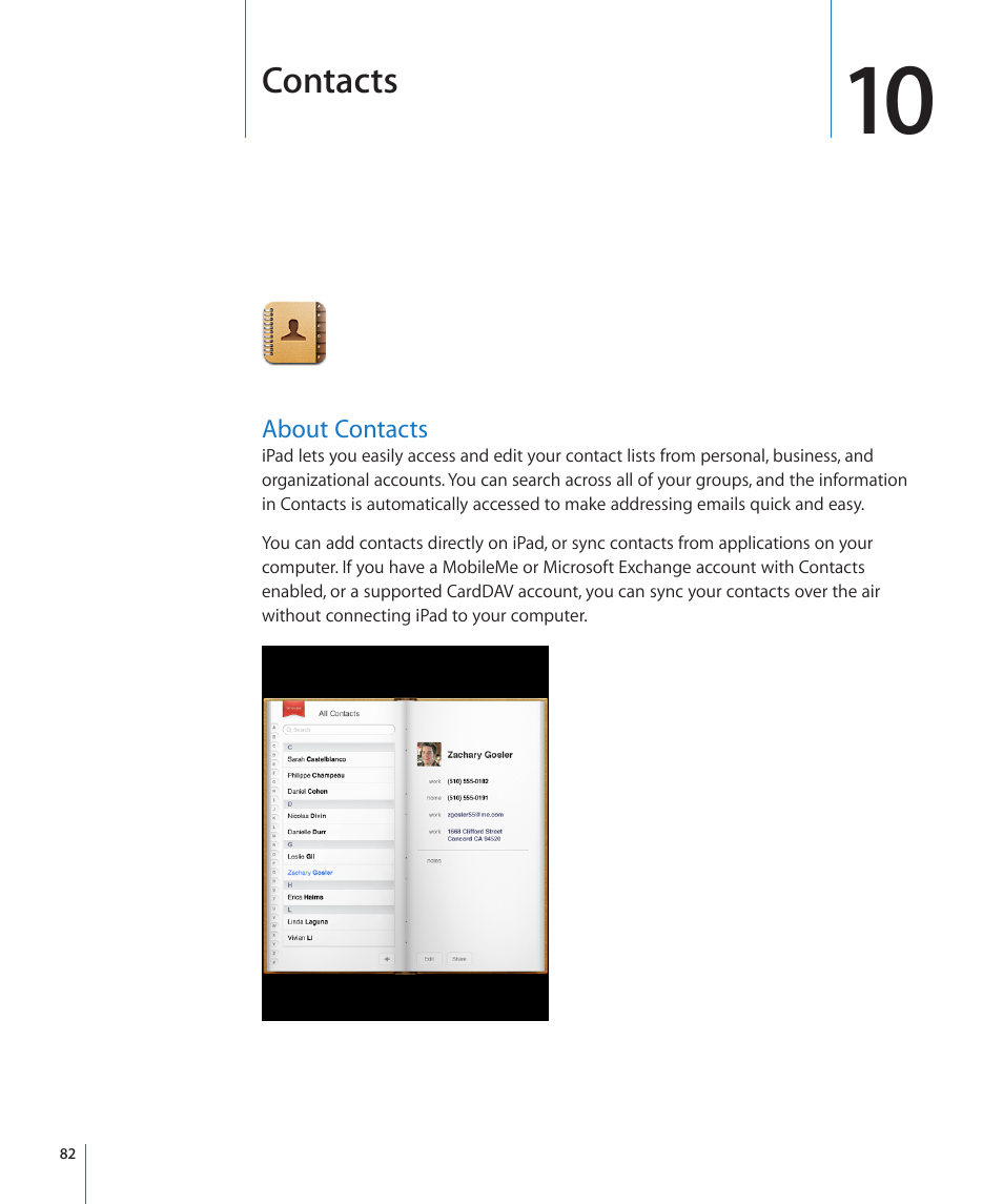 Chapter 10: contacts, About contacts, 82 about contacts | Apple iPad iOS 4.2 User Manual | Page 82 / 181