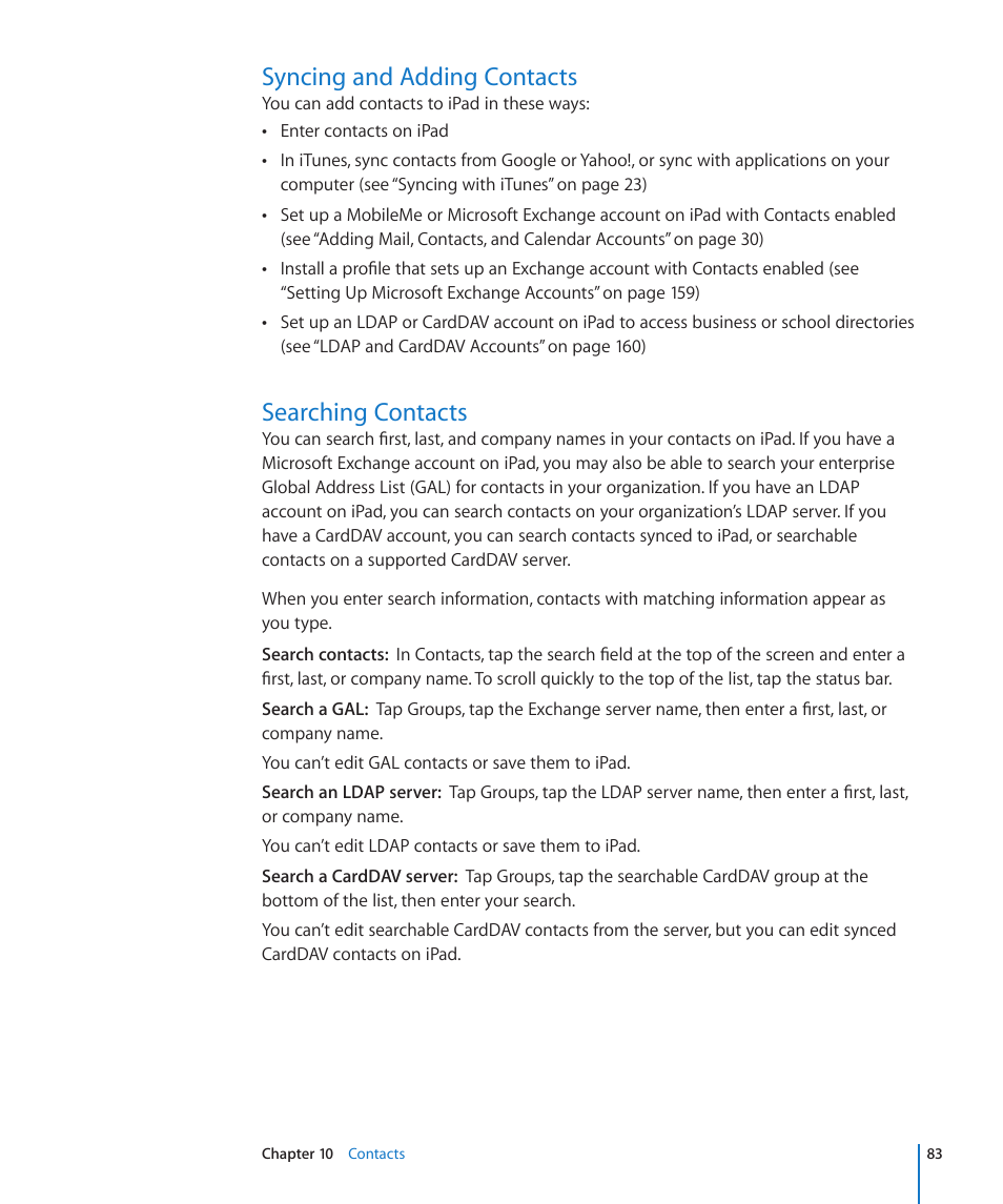 Syncing and adding contacts, Searching contacts | Apple iPad iOS 4.2 User Manual | Page 83 / 181