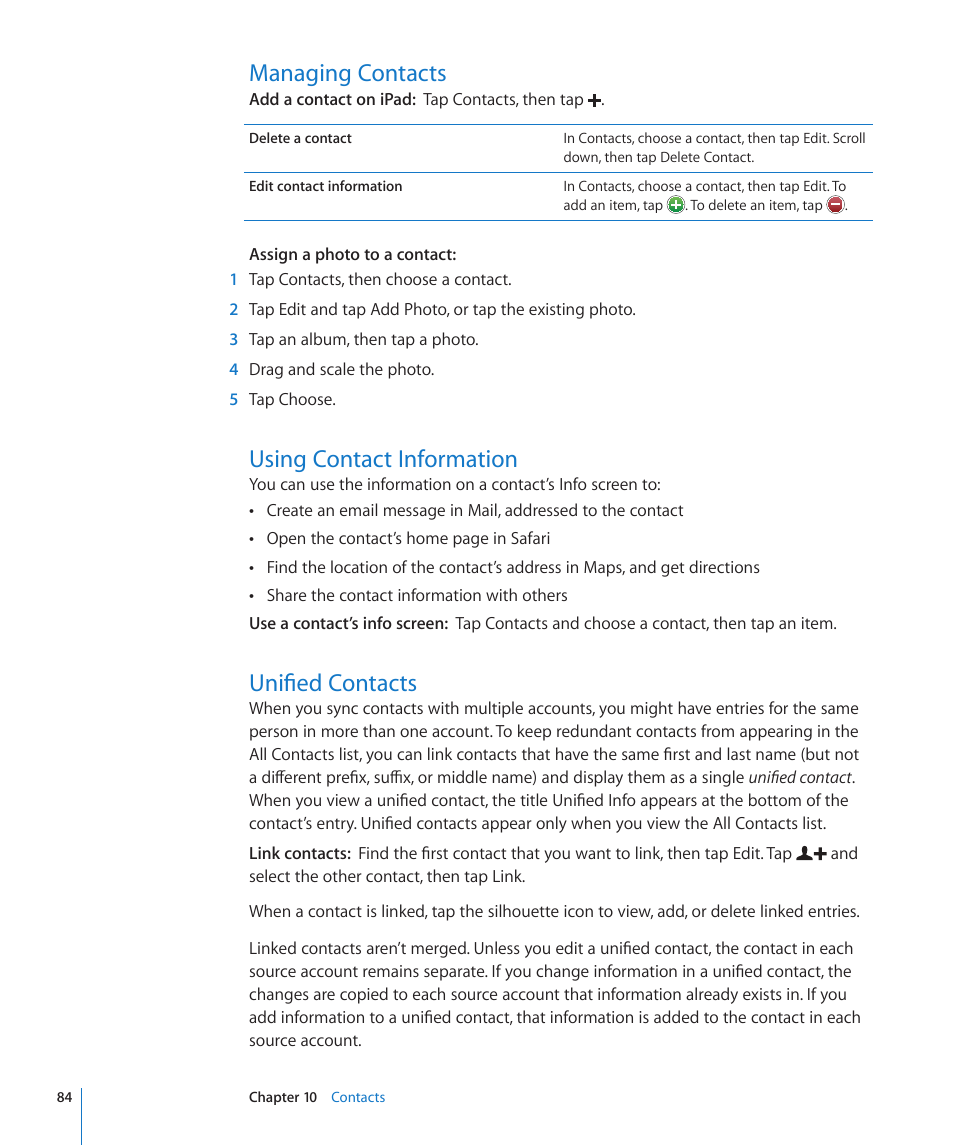 Managing contacts, Using contact information, Unified contacts | Apple iPad iOS 4.2 User Manual | Page 84 / 181