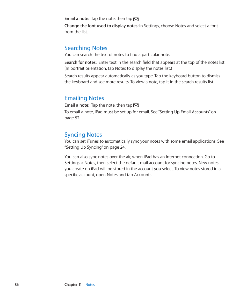 Searching notes, Emailing notes, Syncing notes | Apple iPad iOS 4.2 User Manual | Page 86 / 181