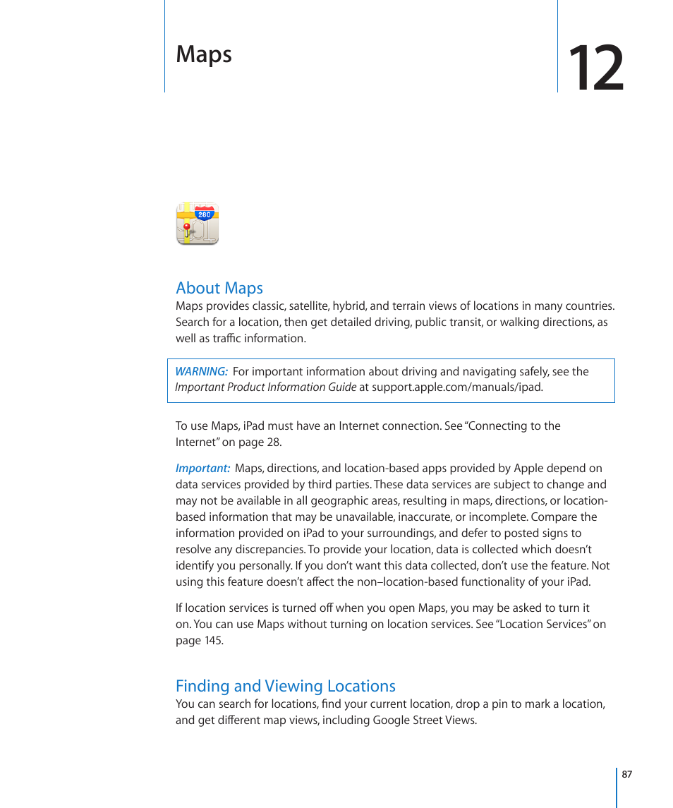 Chapter 12: maps, About maps, Finding and viewing locations | 87 about maps 87 finding and viewing locations, Maps | Apple iPad iOS 4.2 User Manual | Page 87 / 181