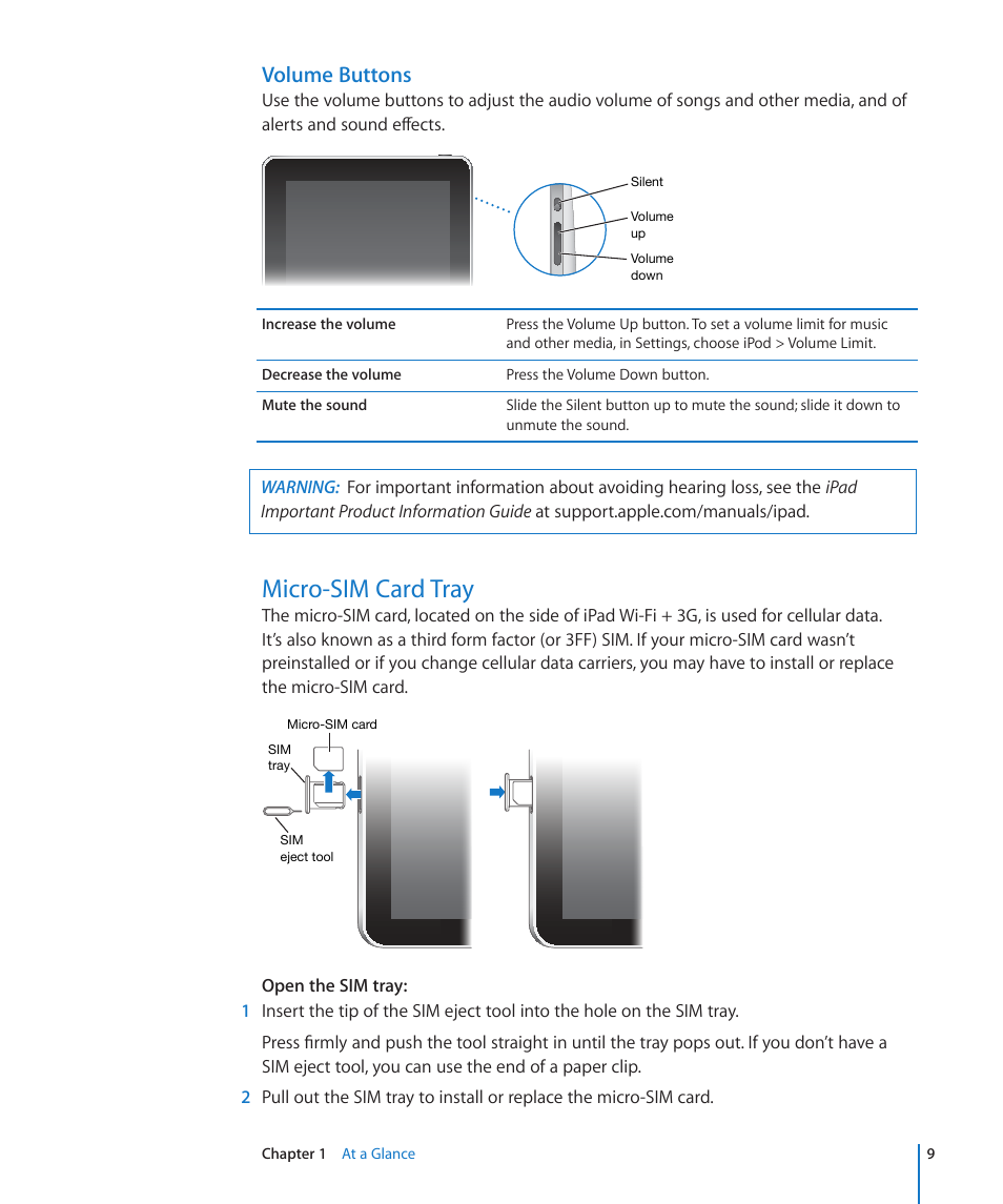 Micro-sim card tray, Volume buttons | Apple iPad iOS 4.2 User Manual | Page 9 / 181