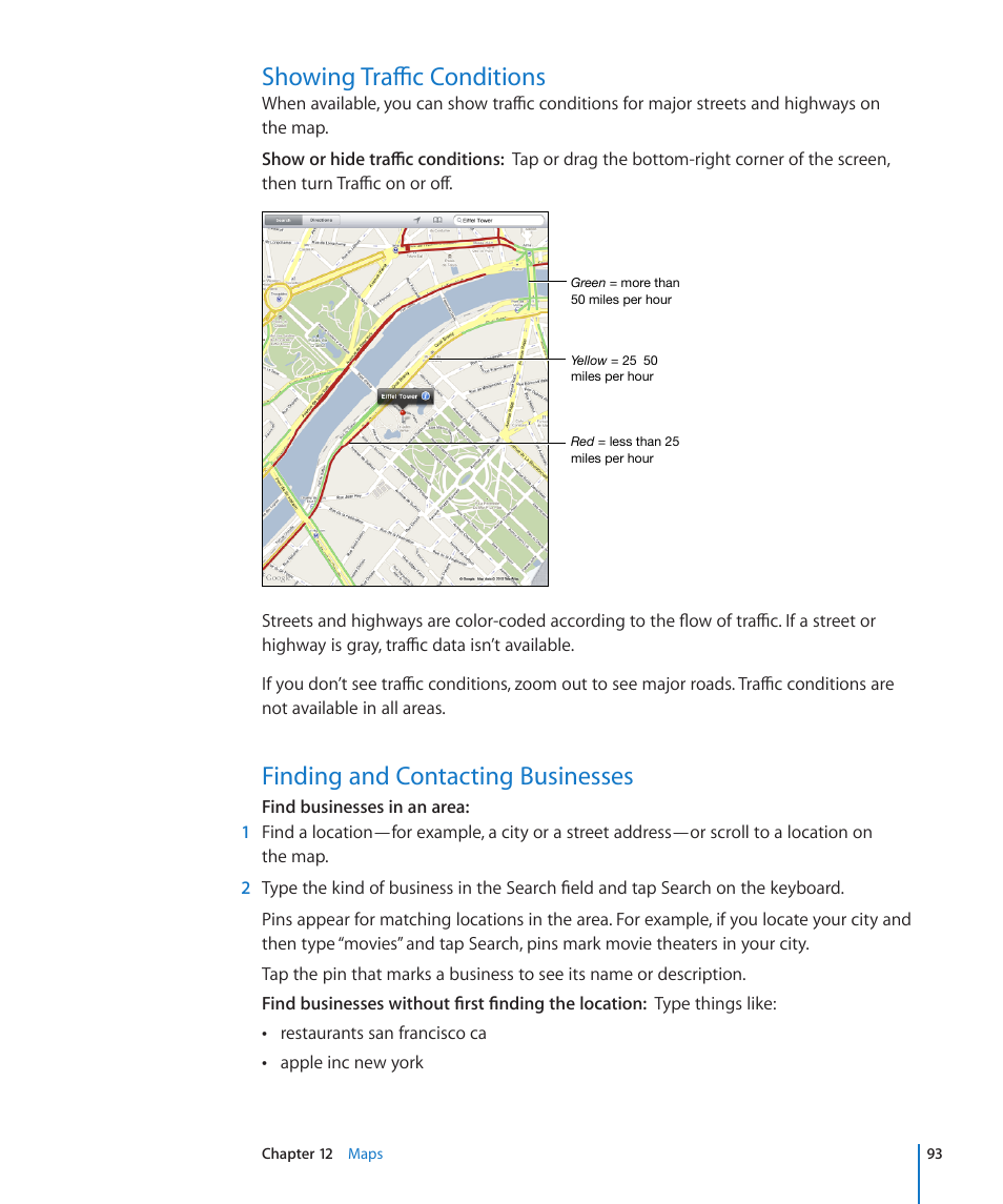 Showing traffic conditions, Finding and contacting businesses | Apple iPad iOS 4.2 User Manual | Page 93 / 181