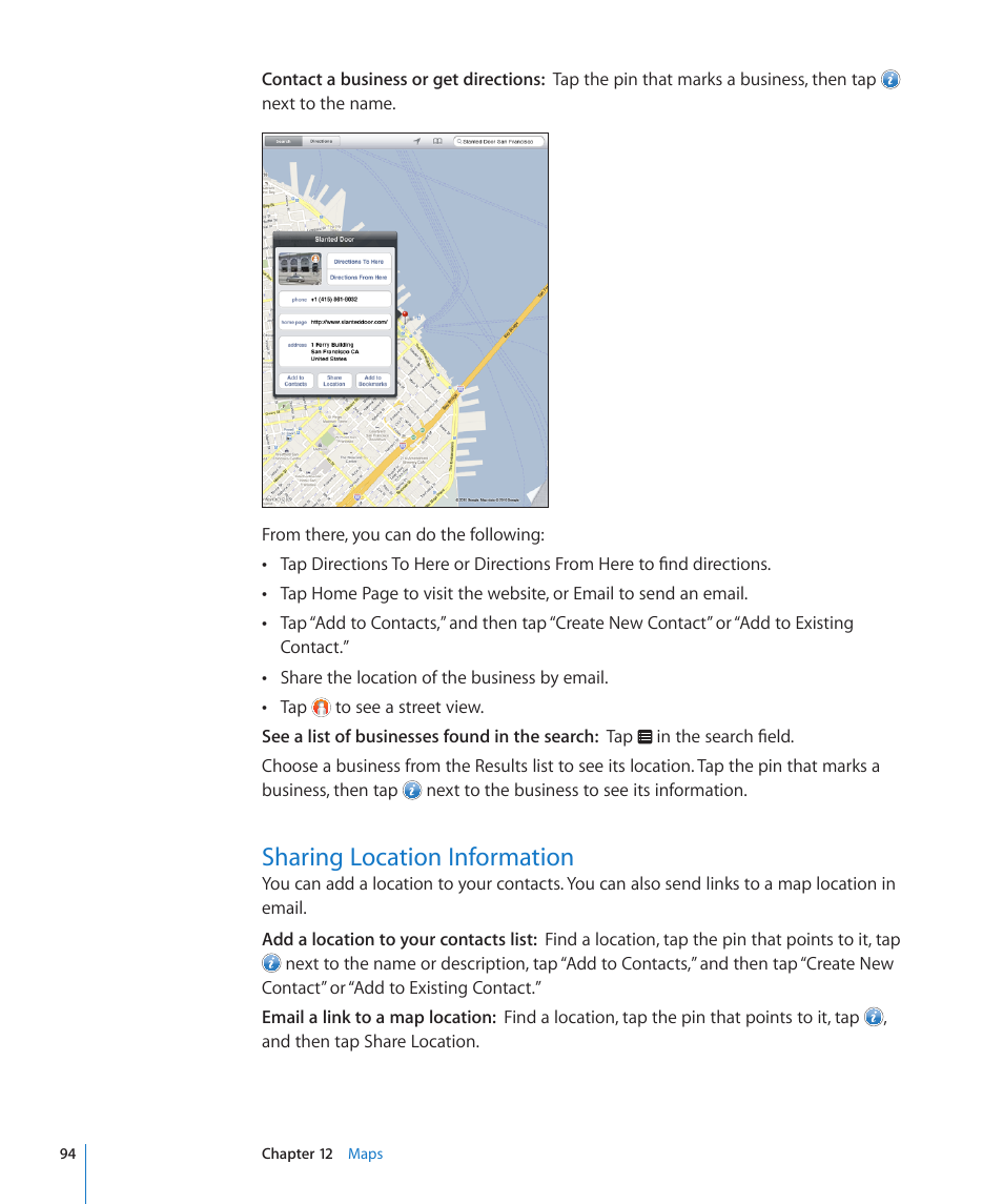 Sharing location information, 94 sharing location information | Apple iPad iOS 4.2 User Manual | Page 94 / 181