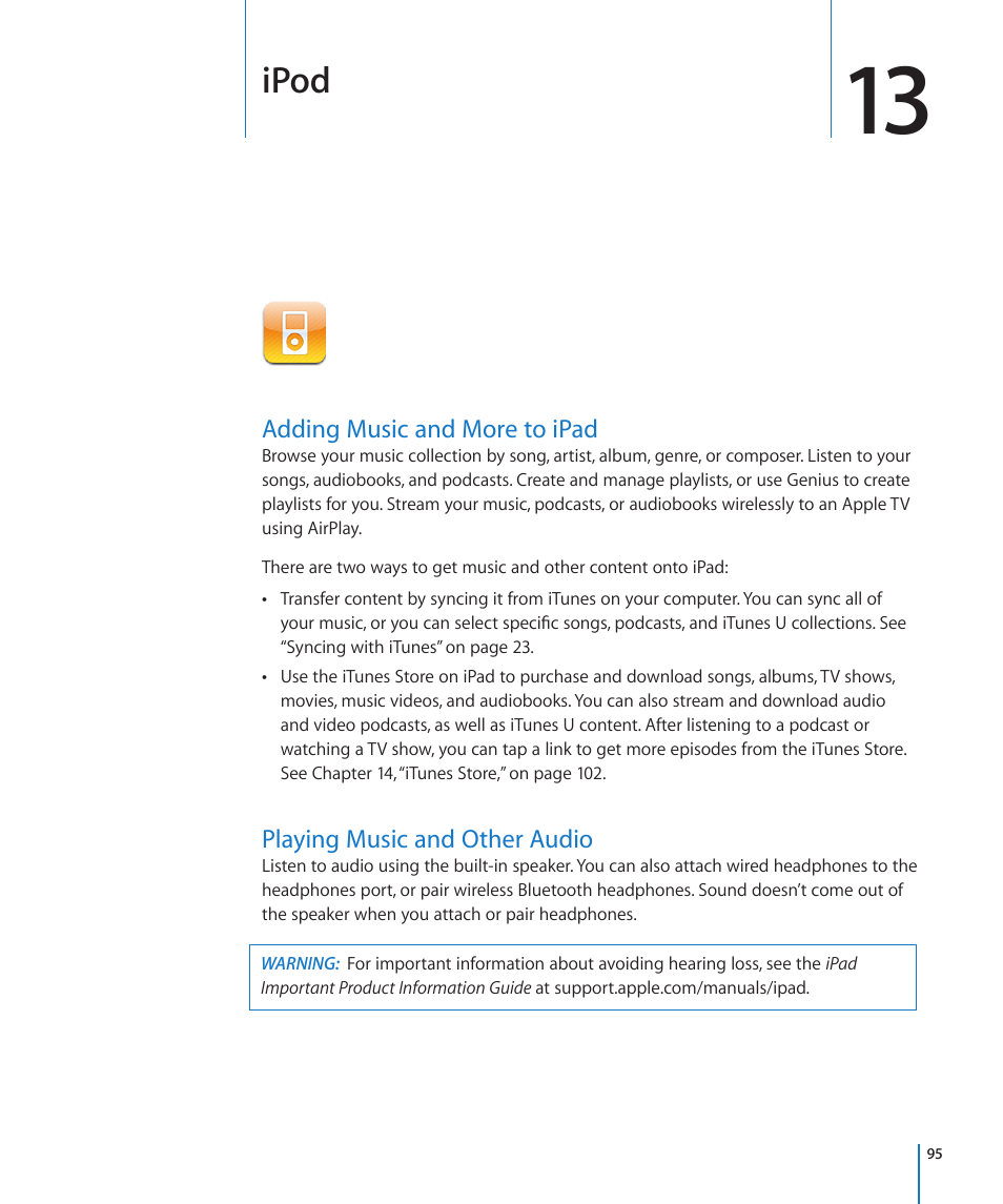 Chapter 13: ipod, Adding music and more to ipad, Playing music and other audio | Ipod | Apple iPad iOS 4.2 User Manual | Page 95 / 181