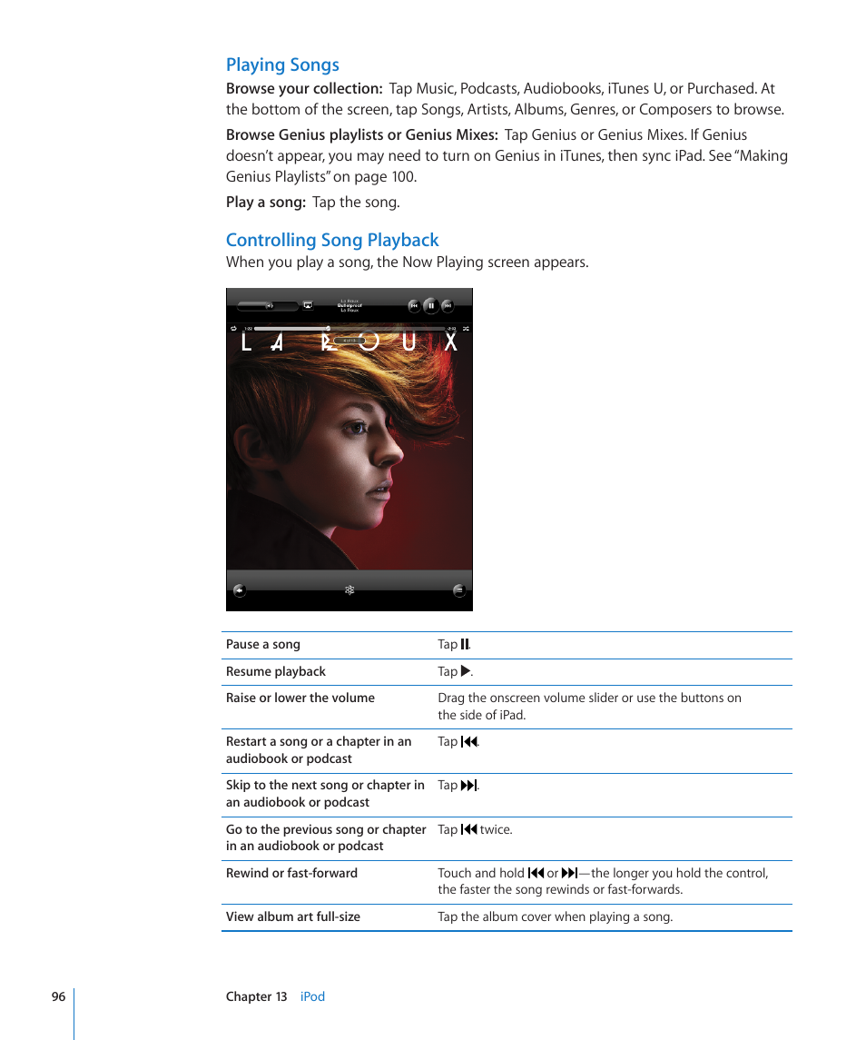 Playing songs, Controlling song playback | Apple iPad iOS 4.2 User Manual | Page 96 / 181