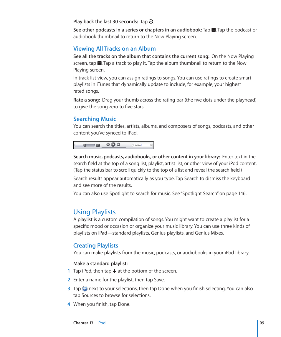 Using playlists, 99 using playlists, Viewing all tracks on an album | Searching music, Creating playlists | Apple iPad iOS 4.2 User Manual | Page 99 / 181