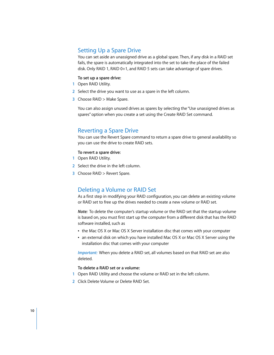 Setting up a spare drive, Reverting a spare drive, Deleting a volume or raid set | Apple RAID Utility User Manual | Page 10 / 18