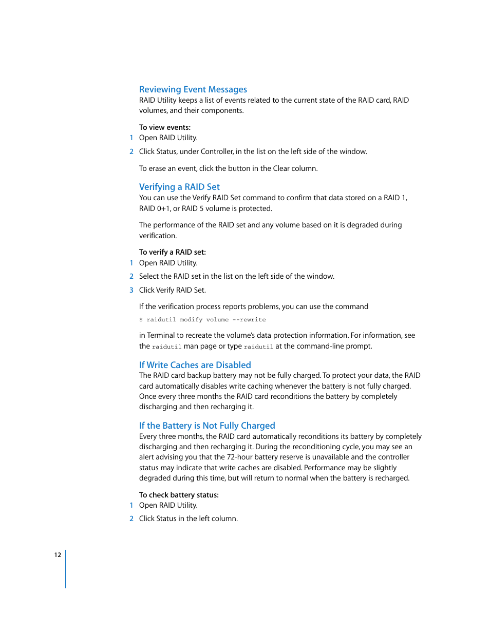 Reviewing event messages, Verifying a raid set, If write caches are disabled | If the battery is not fully charged | Apple RAID Utility User Manual | Page 12 / 18