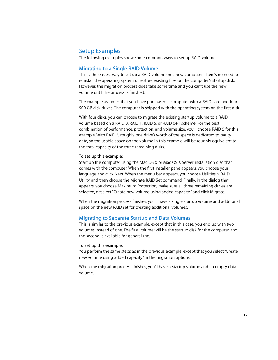 Setup examples, Migrating to a single raid volume, Migrating to separate startup and data volumes | Apple RAID Utility User Manual | Page 17 / 18