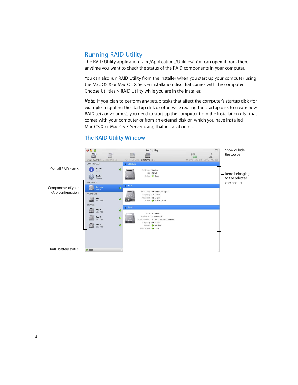 Running raid utility, The raid utility window | Apple RAID Utility User Manual | Page 4 / 18