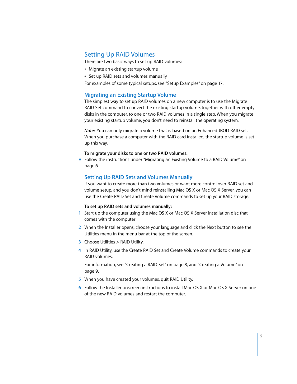 Setting up raid volumes, Migrating an existing startup volume, Setting up raid sets and volumes manually | Apple RAID Utility User Manual | Page 5 / 18